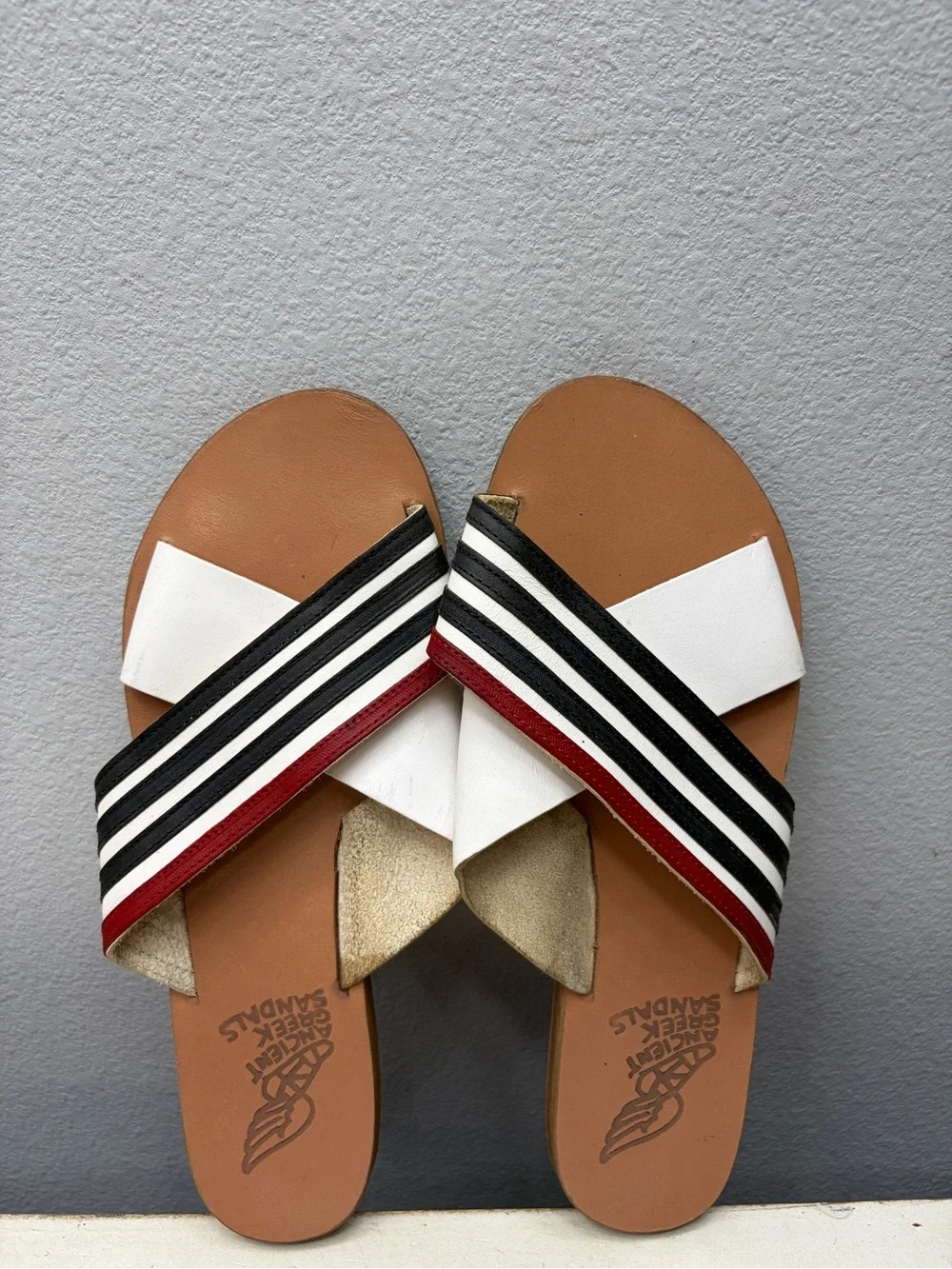 Ancient Greek Thais Red, White, And Blue Cross Cross Slide Sandals Size 39